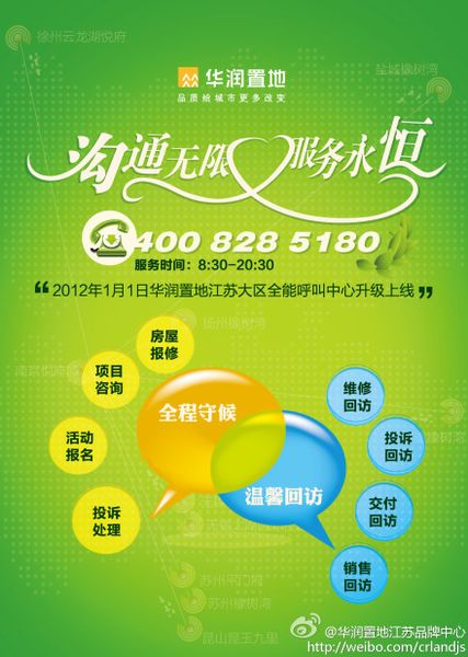 '></center><br />
　　一是客戶呼入功能。承載項目咨詢、投訴與建議、房屋報修、活動報名等4大類服務內容，客戶可以通過呼叫中心主動呼入，實時了解全省所有項目的銷售價格、戶型分布、小區規劃等基本情況，了解置地會的活動詳情并報名參加活動，并可以進行房屋問題的報修與投訴。<br />
　　二是客戶呼出功能。承載維修、投訴、交付、銷售4大類回訪職能，不定期面向業主做售后滿意度調查、近期活動信息告知、投訴報修處理結果回訪等服務。通過在不同時期、不同階段與客戶的接觸，了解客戶心聲，完善產品和服務，讓客戶更加滿意。<br />
　　萬科、華潤等呼叫中心的推出，與其客戶理念、品牌理念是密不可分的。萬科一貫遵循“客戶是我們永遠的伙伴”的服務理念，華潤則在踐行“品質給城市更多改變”品牌理念的基礎上，提出了“全程客戶體驗管理”以及“溝通無限，服務永恒”的服務理念。<br />
　　呼叫中心顯露行業競爭新動向？<br />
　　自2003年我國人均GDP突破1000美元進入消費升級換代階段以來，消費者對于服務的需求不斷提高，服務競爭逐漸成為包括房地產在內的各行各業的核心競爭要素。2010年，我國人均GDP已經突破5000美元，以客戶體驗和售前、售中、售后全方位服務為主體的服務競爭進入了全新的發展階段。此時此刻，房地產業的競爭，也由最初的地段競爭、產品競爭、品牌競爭進入了服務競爭階段。<br />
　　當前，房地產業的服務競爭，主要表現為以下四個方面：一是，消費者對樓盤的物業服務越來越看重，物業服務成為消費者買房決策的重要參考指標;二是，客戶體驗滲透到客戶買房的每一個細節和過程之中，客戶服務給予客戶的體驗好壞在很大程度上決定最終的決策;第三，在品牌開發商的樓盤里，老業主重復購買和推薦購買的比例逐年提高，保護老業主和挖掘老業主資源對于樓盤的銷售愈發重要;第四，口碑傳播的效率迅速提升，客戶以及老業主的滿意度決定了開發商品牌的美譽度，直接影響到旗下樓盤的市場口碑和銷售好壞。<br />
　　因此，呼叫中心通過為客戶提供一個一站式服務平臺，以關注客戶體驗為中心，將觸角延伸到售前、售中、售后每一個服務階段，加強開發商與客戶、業主的溝通聯系，以更加便捷、高效、全面、互動的服務方式，提高客戶滿意度和忠誠度，提升品牌和企業的競爭力，這已經成為品牌開發企業的一個新趨勢、新動向。<br />
　　呼叫中心的功能，不僅僅表現在項目咨詢、投訴與建議、房屋報修、活動報名等方面的服務，以及維修、投訴、交付、銷售等方面的回訪職能。實際上，呼叫中心也是宣傳企業文化、企業品牌的重要平臺，促進樓盤銷售的重要渠道，傾聽客戶反饋、指導產品營造的重要手段。呼叫中心集各項客戶服務功能于一身，正因為所肩負的功能繁多和日益重要，這是萬科、華潤等大牌企業整合客戶服務資源、打造客戶服務綜合平臺、推出呼叫中心的直接原因。<br />
　　不管出發點如何，呼叫中心的推出以及內容設計，有利于讓消費者獲取更加便捷、全面、及時的服務，有利于開發商與消費者之間的互動交流，有利于開發商聽取消費者的意見并提升服務和開發水平，對推動行業發展、行業進步應該說將發揮重要的促進作用，未來也可能成為房地產品牌競爭的一個新戰場和新方向。<br />
　　當然，我們也希望這些呼叫中心，能夠按照其所設計和希望的模式成功的運行，不斷提升服務的內容、范圍、效率和質量，真正造福消費者，造福行業，造福社會。<p align=
